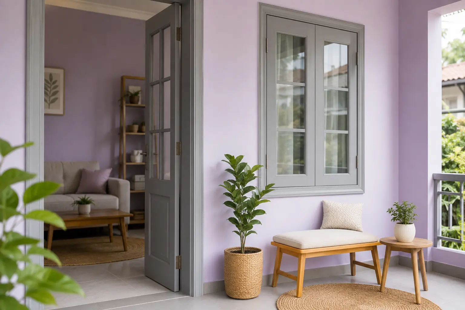 Dinding Pastel Violet dan Kusen Abu-Abu